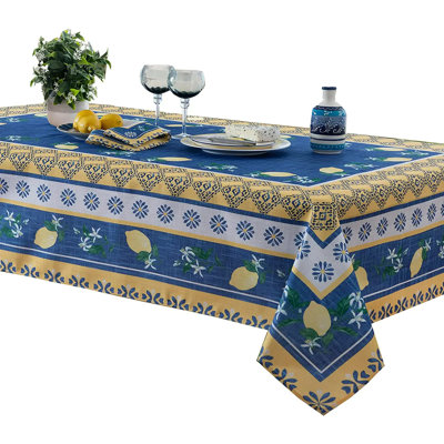 Nappe carrée carrée, 52 po x 52 po, jardin bleu citron, teinture d'extérieur pour l'intérieur et nappe en tissu résistant à l'eau, verger méditerranéen