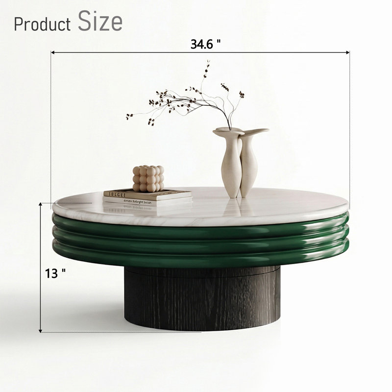 34.6" Round Marble Coffee Table with Fluted Green Base and Ash Wood Pedestal, Modern Luxury Center Table