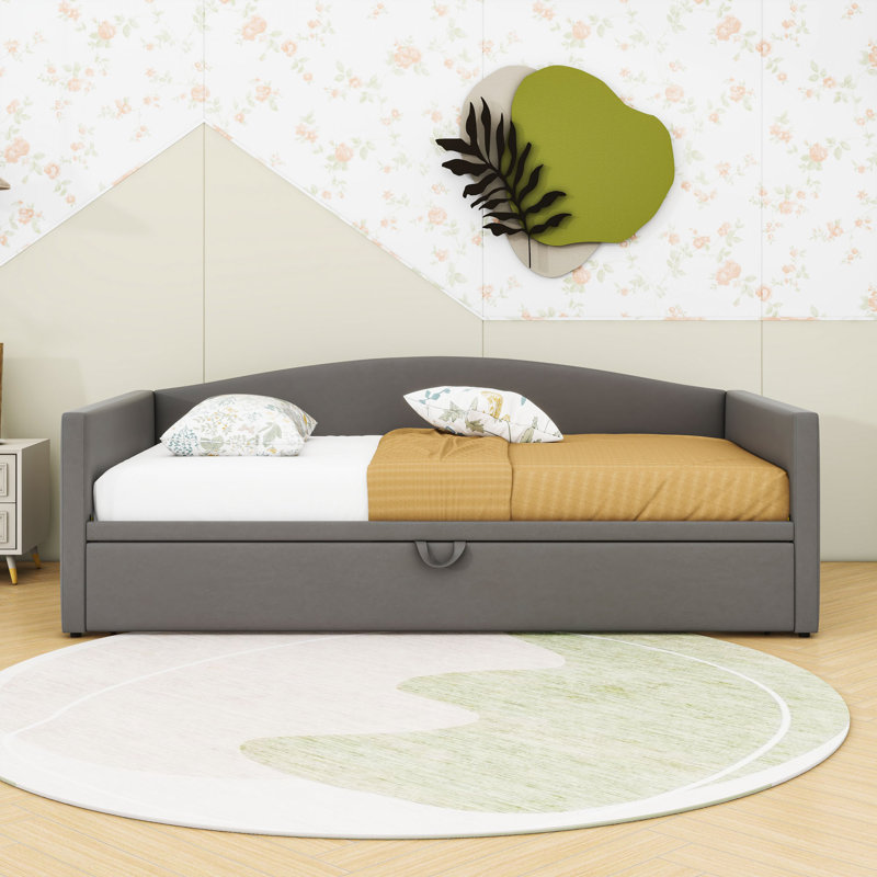 Twin Size Velvet Upholstered Daybed with Pop Up Twin Trundle, Gray