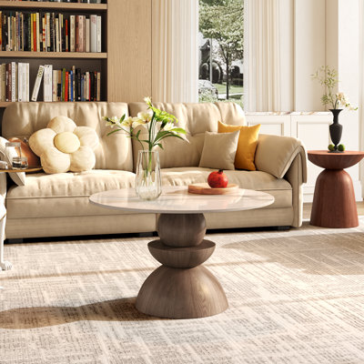32" Round Coffee Table Living Room Center Cocktail Table With Red Walnut/Dark Walnut Base