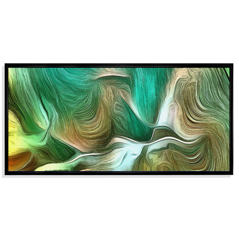 Vagues liquides dans les tons de vert III - peinture sur toile, Cadre noir, H 8 po x l 12 po x P 1 po