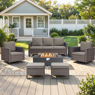 Kaelahni 6-Piece All Weather Wicker Patio Conversation Set With Swivel Gliders, Ottomans And Split Fire Pit Table