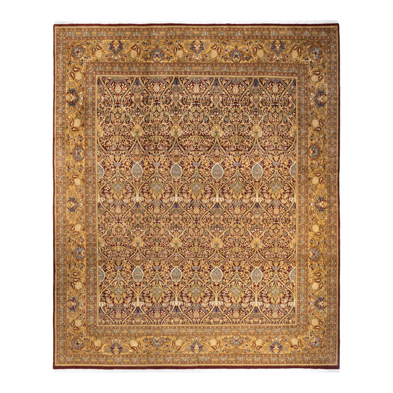 Tapis beige / rouge noué à la main de conception unique 9 pi 10 po x 11 pi 3 po Shevaun