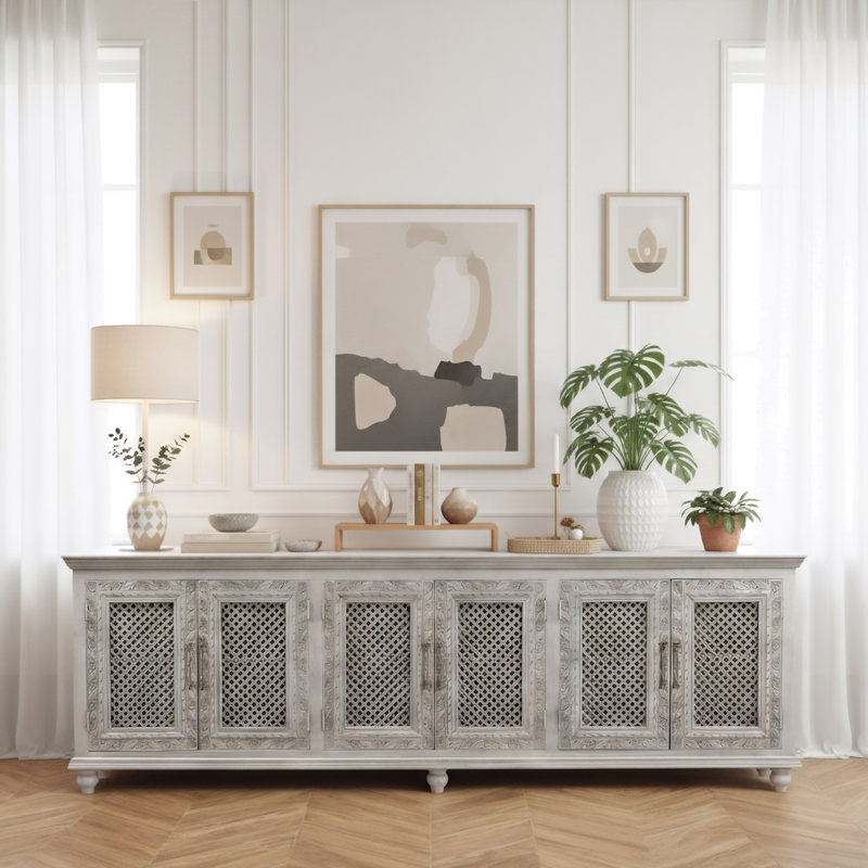 6-door Carved Solid Wood Sideboard, Gray