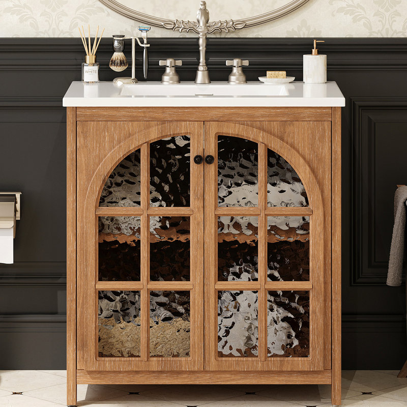 Meuble-lavabo 31 po avec lavabo en céramique, armoire de salle de bain rustique rétro avec poignées et 2 portes à fermeture douce,