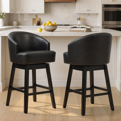 Swivel 30.3'' Faux Leather Bar Stool with Solid Wood Legs, Black (Set of 2)