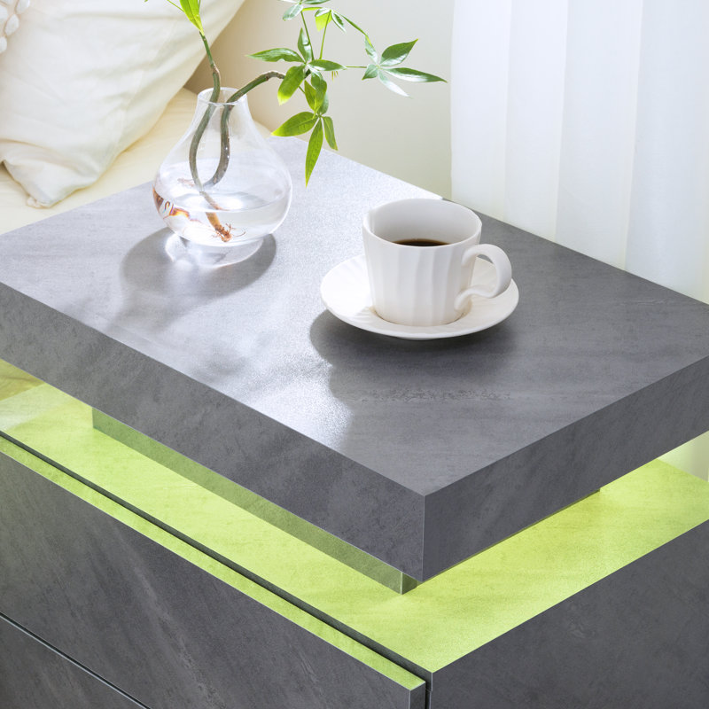 LED Bedside Table with 2 Drawers, Bedside Table with LED Lights for Bedroom, Grey/Brown/Blue
