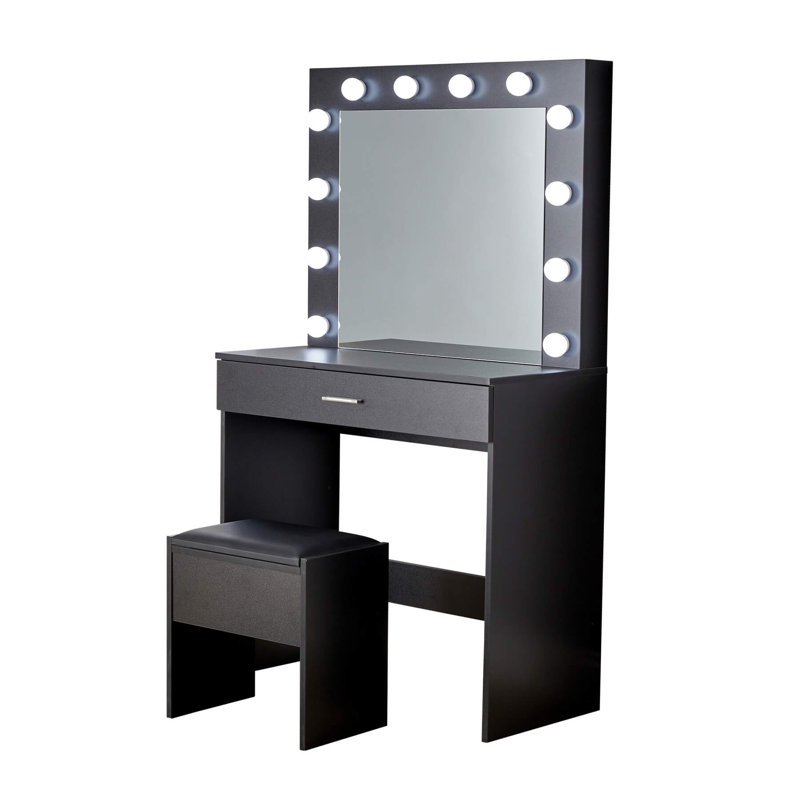 Reniya 1 Drawer Dressing Table Set with LED Mirror, Black