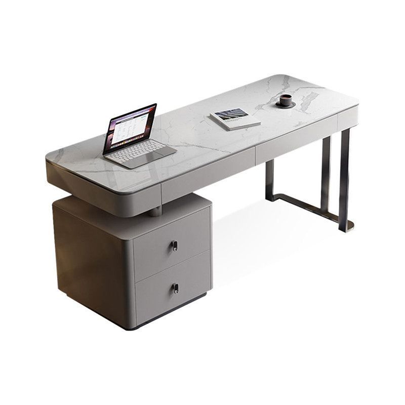 Bureau blanc rectangulaire en bois manufacturé avec 2 tiroirs, H 29,53 po x l 62,99 po x P 23,62 po, Gauche