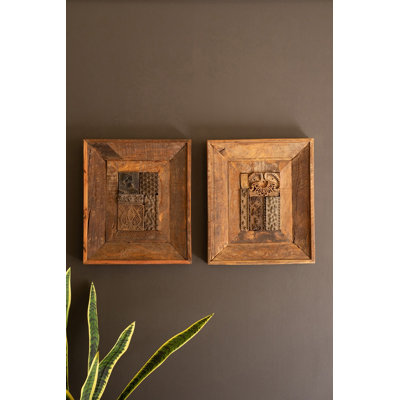 Kalalou Repurposed Wood Framed Block Stamps, 21" H, Hand-Carved Recycled Wood, Brown Finish, Set of 2