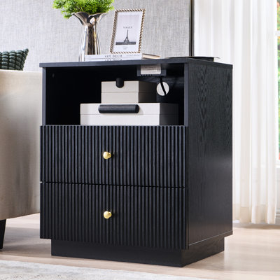 Aberdeen Fluted End Table with Charging Station, 21.65" Wide Side Table with 2 Drawers