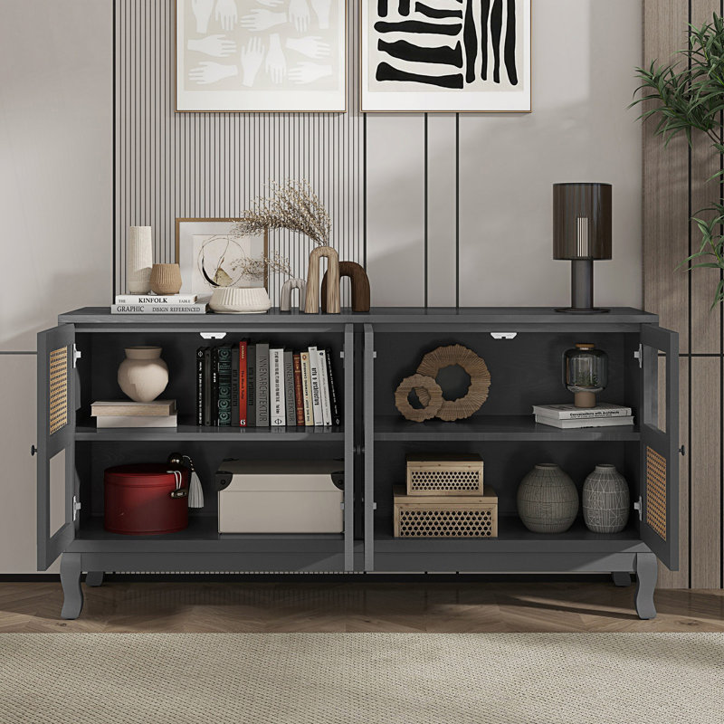 Buffet décoratif 4 portes rétro avec portes en rotin artificiel et verre transparent, Gris foncé antique