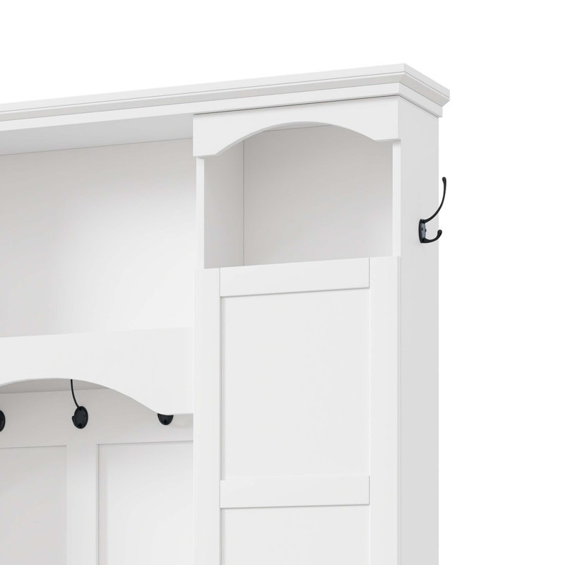 Modern All-in-One Hall Tree with Adjustable Shelves, Dual Side Cabinets, 7 Hooks, and Open Compartments for Entryway Organization.