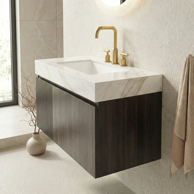 36-Inch Bathroom Vanity With Sink, Floating Plywood Frame, Travertine Sintered Stone Countertop And Ceramic Basin, Rich Coffee-Brown Woodgrain Finish