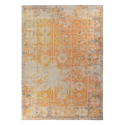 Rug & Kilim Distressed Tribal Custom Rug In Yellow, Red Geometric Pattern