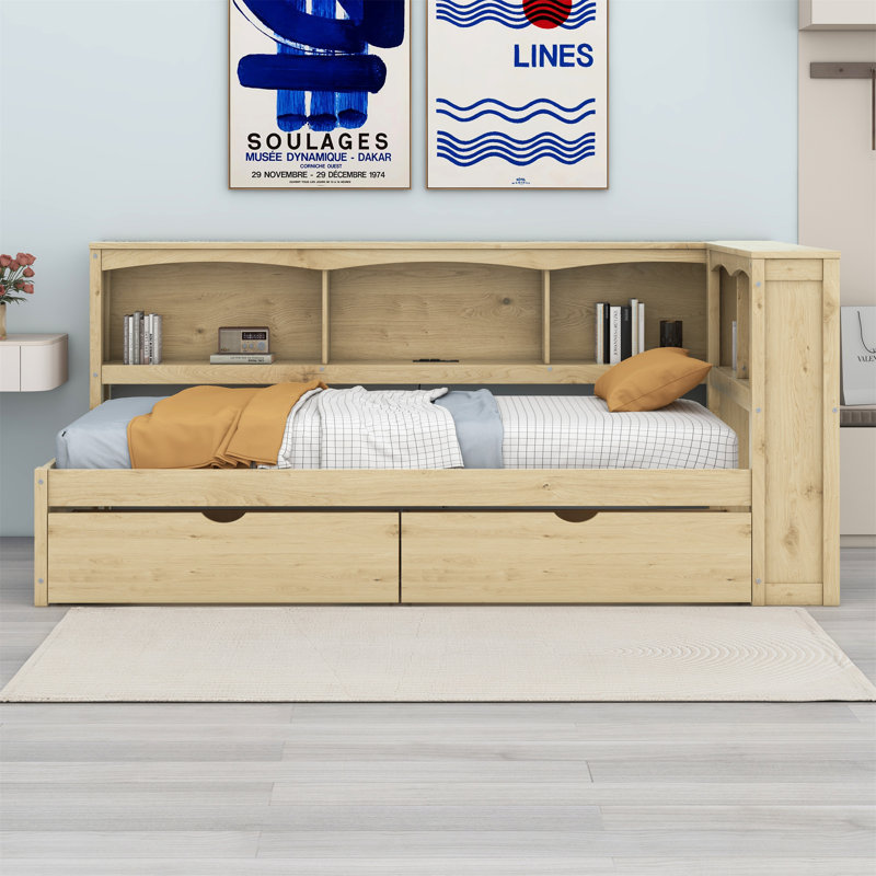 Lit de jour avec deux tiroirs de rangement, armoires de rangement et ports USB