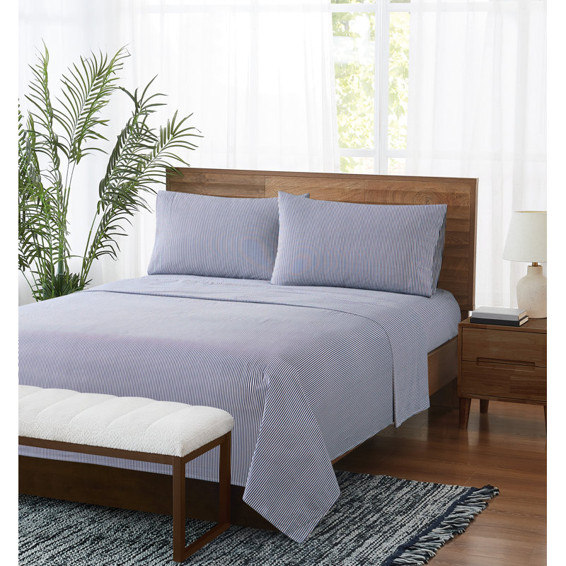 Brooklyn Loom Pinstripe Sheet Set, Twin, White/Navy