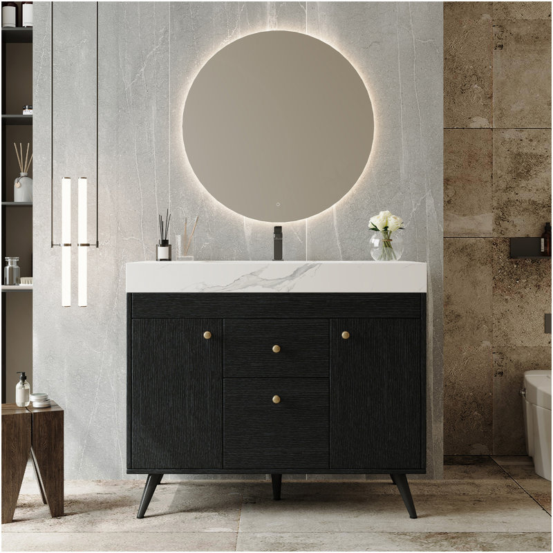 Meuble-lavabo autoportant moderne de 36 po avec plateau en pierre frittée, lavabo en céramique et rangement intelligent, Noir