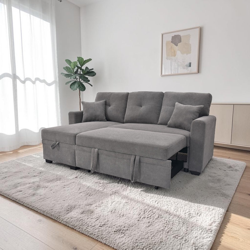 Canapé-lit modulaire en L 71 po avec lit escamotable, méridienne réversible avec rangement, pour le salon, Light Grey