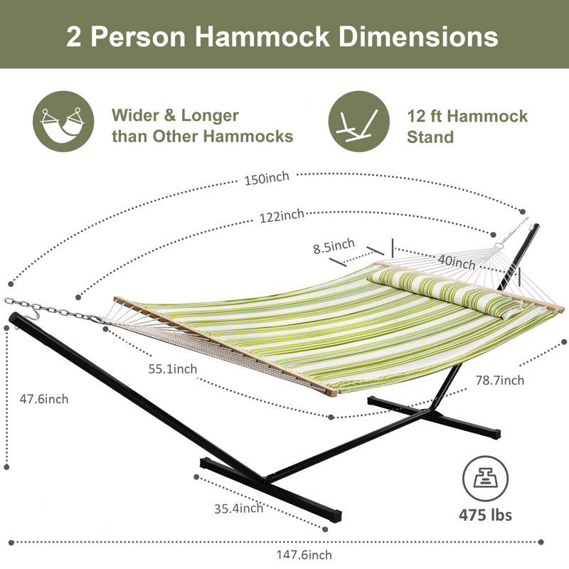 Hamac double à barre d'écartement avec support, Vert / Beige, 12 ft Stand