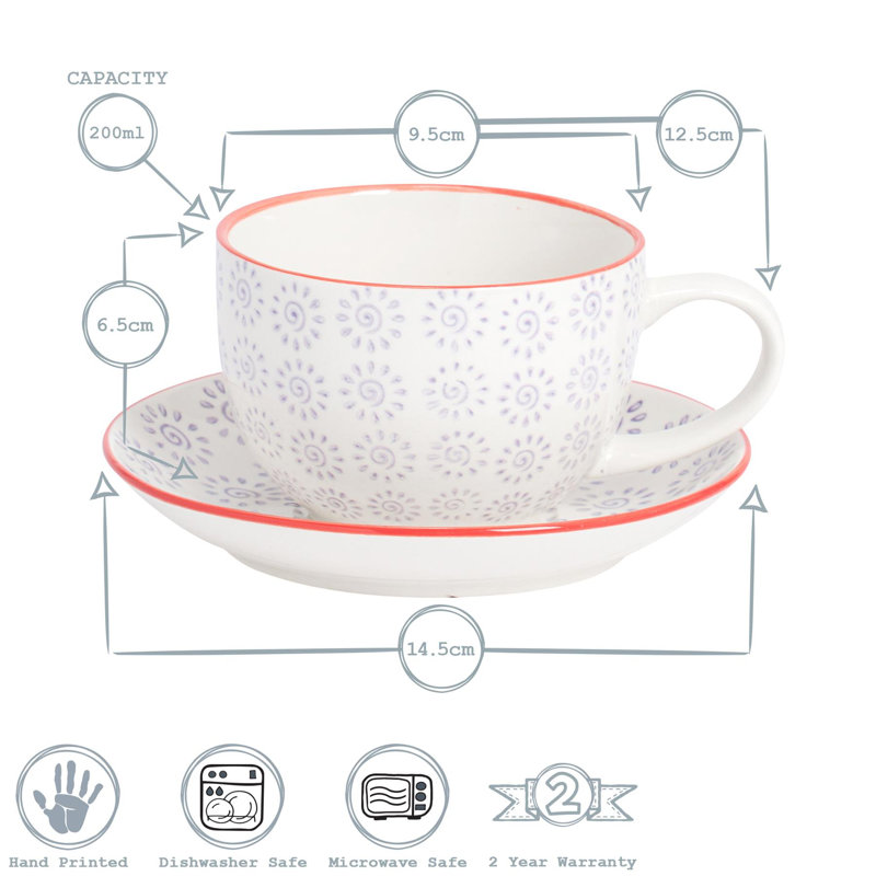 Porcelain Teacup and Saucer, Purple/Red, 6