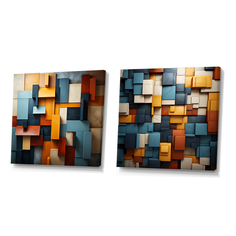 Cubist Harmony Tones Collage - Ensemble de 2 cubes cubiques, Toile tendue, H 16 po x l 33 po
