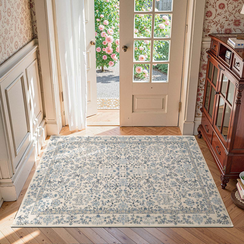 Floral Machine Washable Area Rug, Rectangle 3' x 5', Blue