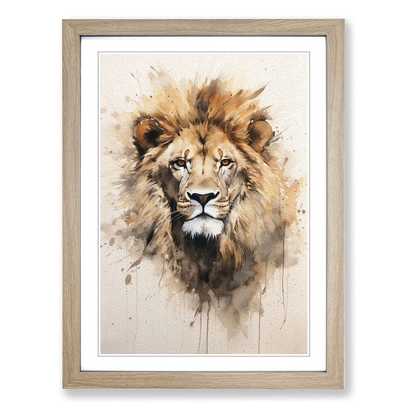 Lion Gestural No.3 - Single Picture Frame Print on Wood, Oak Framed, 46cm H x 34cm W x 2cm D