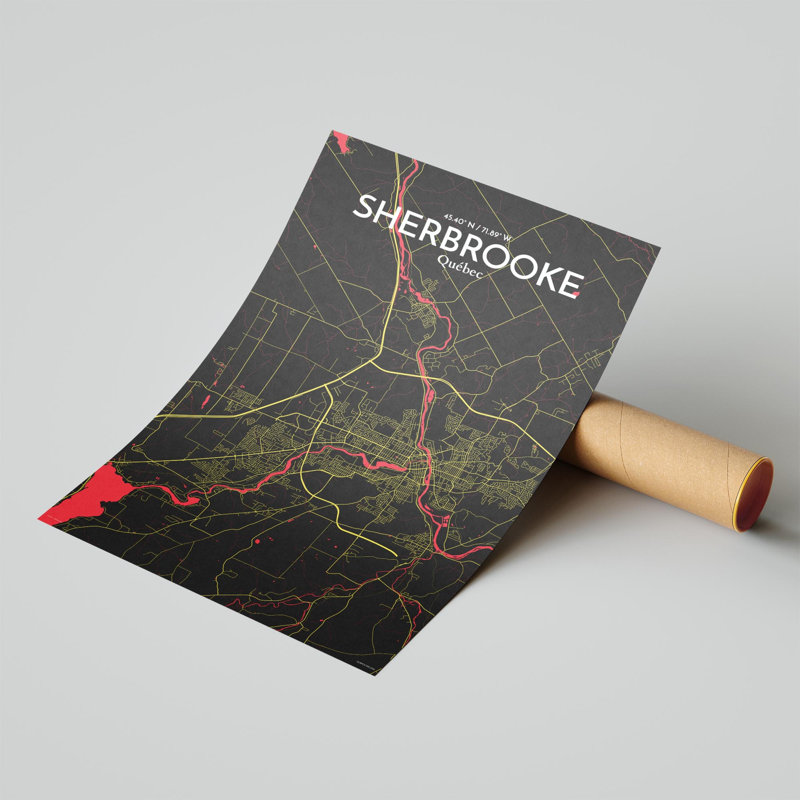 Sherbrooke, carte de la ville, impression, H 17 po x l 11 po, Noir / rouge / jaune