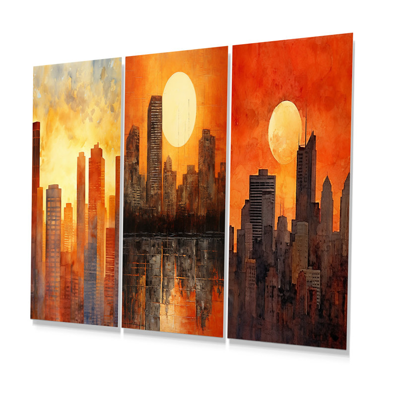 Coucher de soleil, coucher de soleil, gratte-ciel, ensemble de 3 gravures sur métal, H 32 po x l 48 po