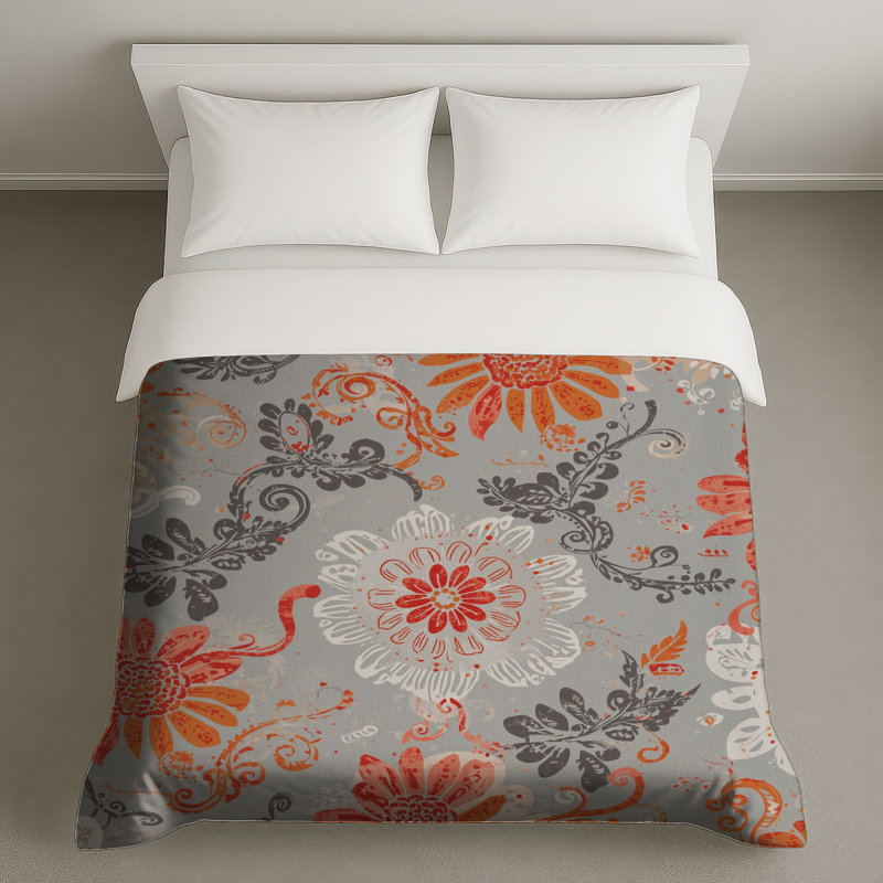 Orange Gray Floral Pattern Duvet Covers, King