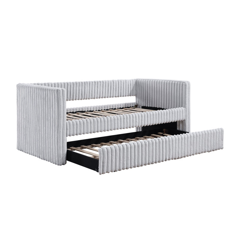 1Pc Daybed With Trundle Corduroy Fabric Upholstery Modern Luxury Home Furniture Durable Comfortable, Gray