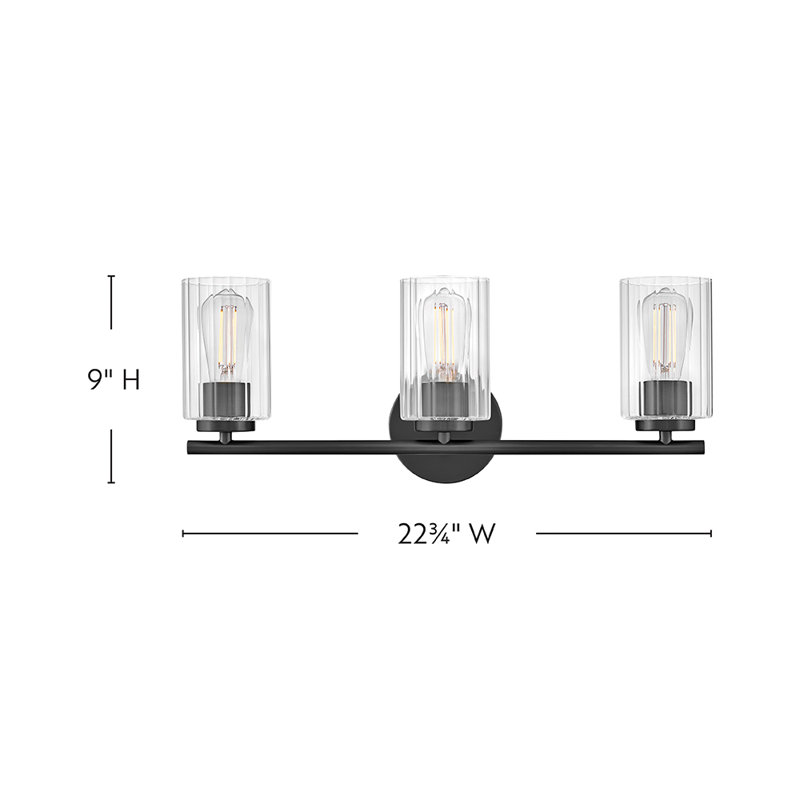 3-Light Bath Vanity Fixture with Clear Ribbed Glass, Black