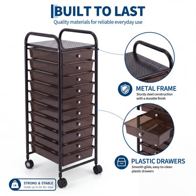 Chariot de rangement à roulettes à 10 tiroirs, organisateur mobile utilitaire - Tiroirs en plastique pour fournitures de loisirs créatifs, rangement de matériel artistique pour salle de formation et bureau à domicile