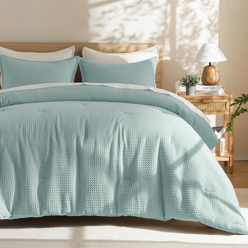 PHF Soft Waffle Comforter Set, Comfy Breathable Lightweight Textured Waffle Weave Comforter Bedding Set, Dusty Blue