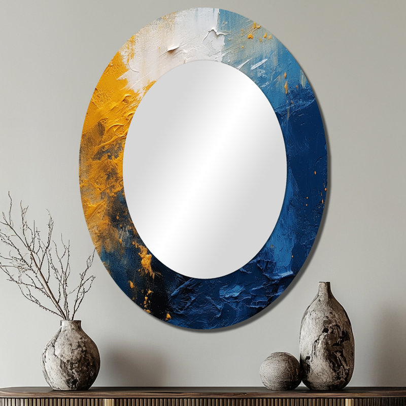 Expressions intuitives bleues et jaunes I - Miroir décoratif ovale abstrait sur métal, 40 po x 30 po