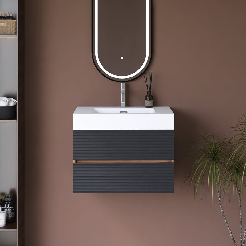 Wall-Mounted Bathroom Vanity With Integrated Solid Surface Basin, 30"