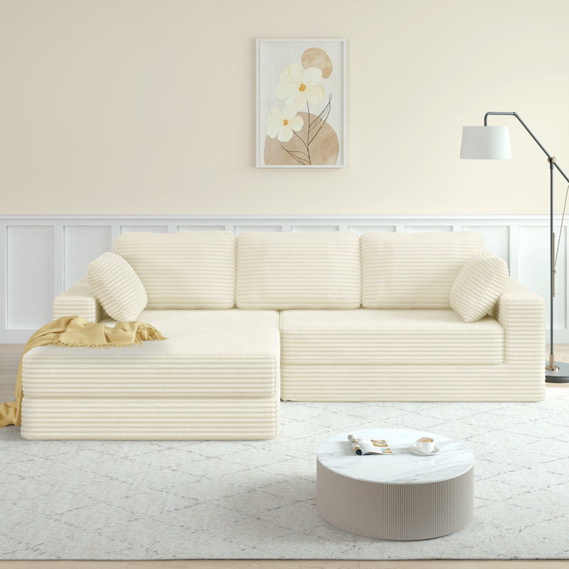 L-shaped Corduroy Modular Akuna With A Left-facing Seating Configuration, Which Can Be Converted Into A Bed., Beige Corduroy