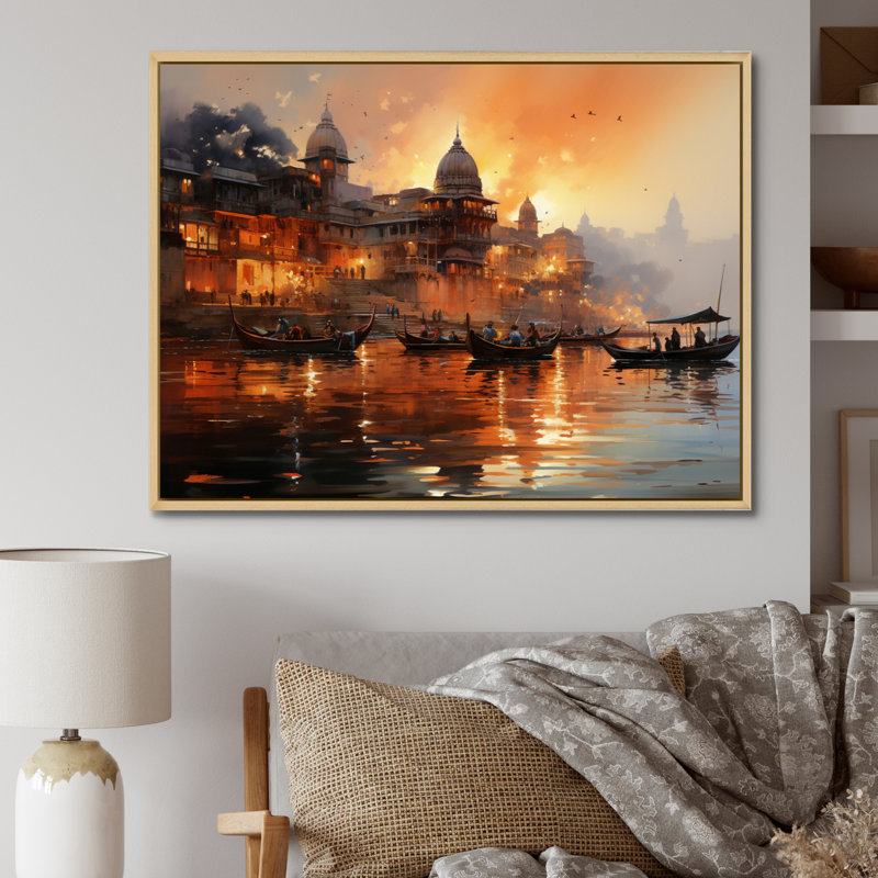 Indian Art Sunset At - Art mural indien, H 12 po x l 20 po x P 1 po, Cadre flottant en érable