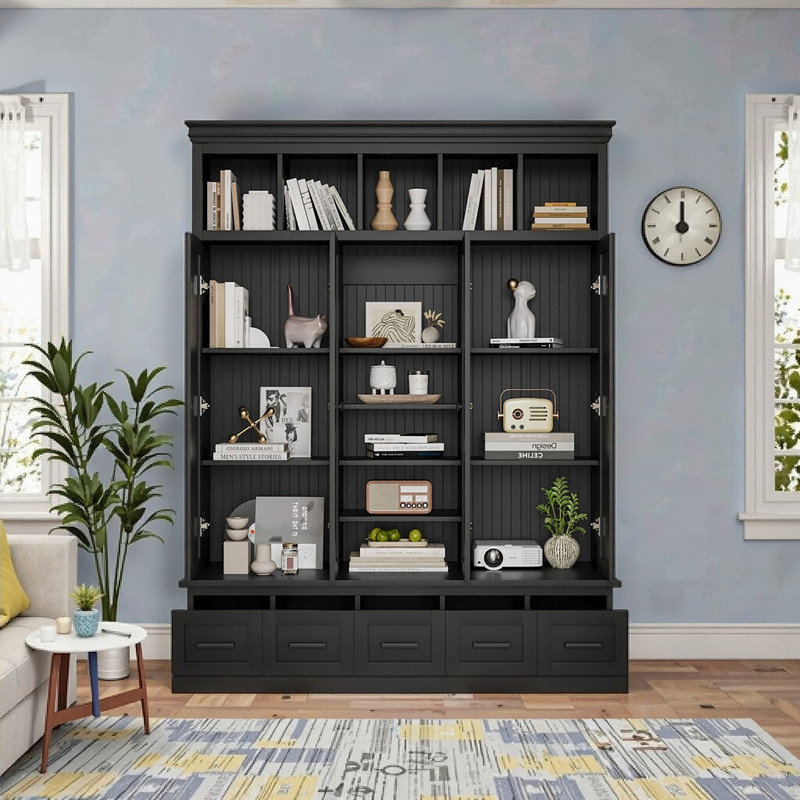 Arbre d'entrée 78,7 po en MDF avec banc, 5 tiroirs, 4 portes et tablettes réglables pour le rangement du vestibule, Noir