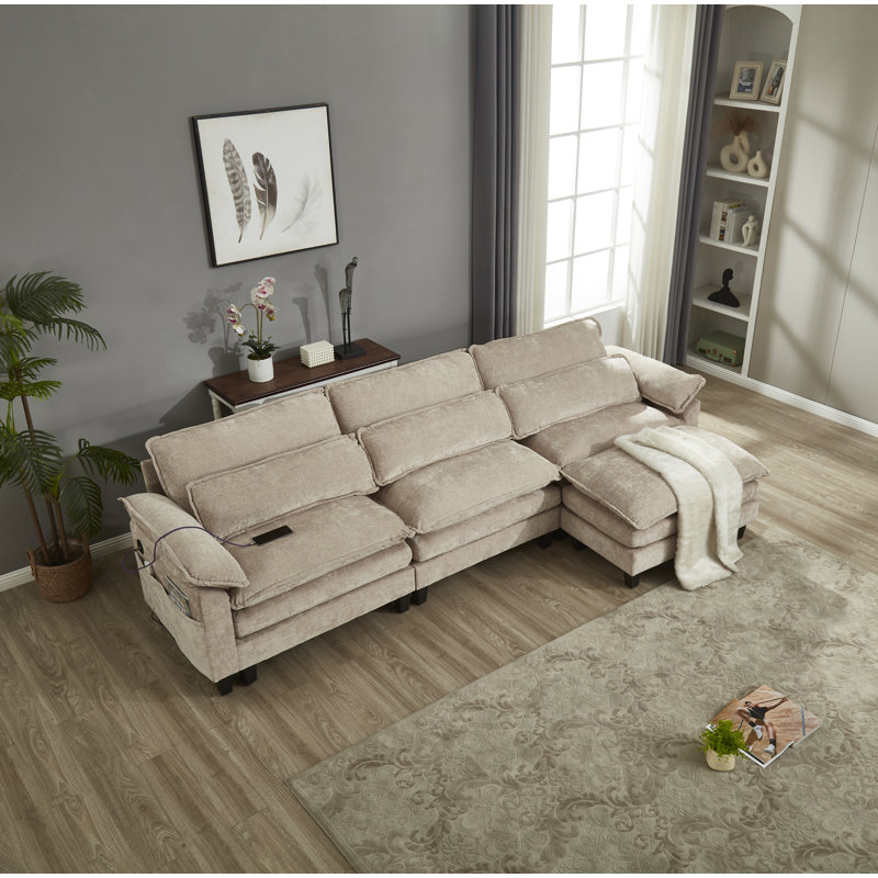 Canapé modulaire en L avec repose-pieds Luqi, H 35,8 po x l 115 po x P 52,4 po, Chenille clair chameau