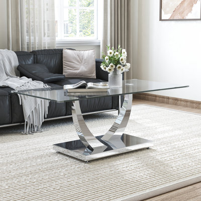 47.24" Glass Top Coffee Table With U-shape Sleek Stainless Steel Base