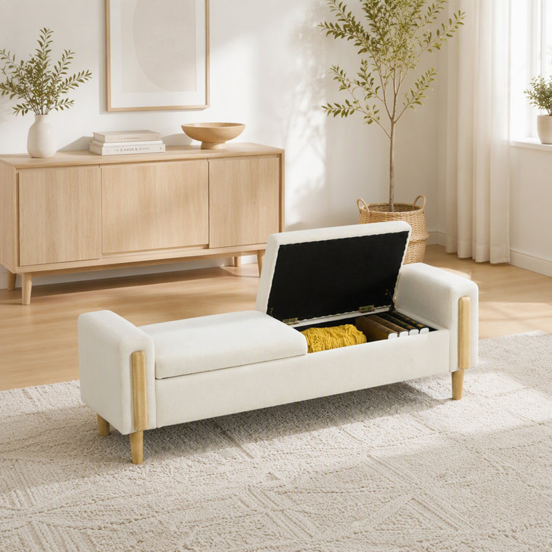 Banc de rangement moderne rembourré de 167 cm de large avec double couvercle, repose-pieds en tissu chenille avec accoudoirs