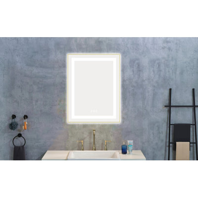 Miroir de salle de bain 24 po x 28 po à DEL avec façade et rétroéclairage, miroir de meuble-lavabo mural avec cadre en aluminium, antibuée, mémoire, 3 couleurs, gradation continue