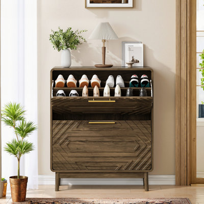 Armoire à chaussures 31,5 po en noyer, armoire à chaussures autoportante moderne Mid-Century, rangement autoportant avec 2 tiroirs rabattables, convient pour l'entrée, le couloir et le vestibule
