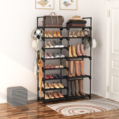 Shoe Rack Organizer, 8-Tier Metal Shoe Rack For Closet Entryway Garage, 26-32 Pairs Tall Shoe Boot Storage Shelf With 15 Hooks, Stackable Large Shoe Stand