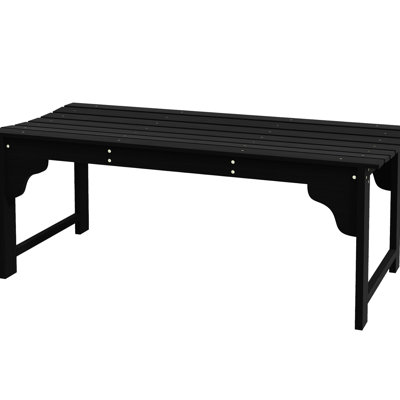 Banc de jardin en bois noir avec assise à lattes. Parfait pour une terrasse ou une piscine. Siège sans dossier pour véranda. Deux places. Style rustique et élégant. Montage facile. Charge maximale : 250 kg. Dimensions : 115 cm (L) x 50 cm (l) x 45 cm (H).