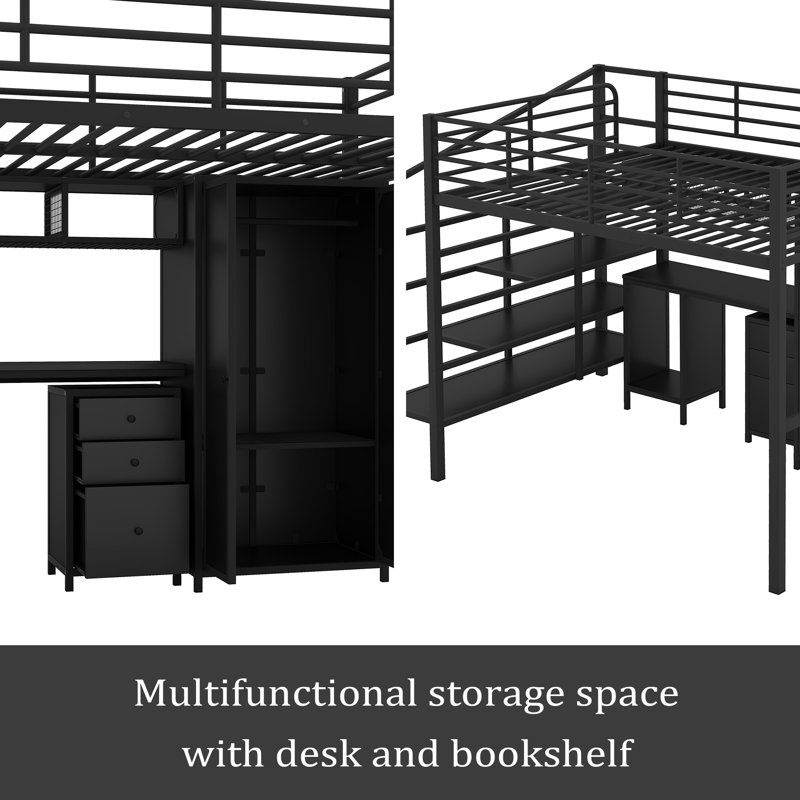 Metal Loft Bed With Table Set And Wardrobe, Full, Black