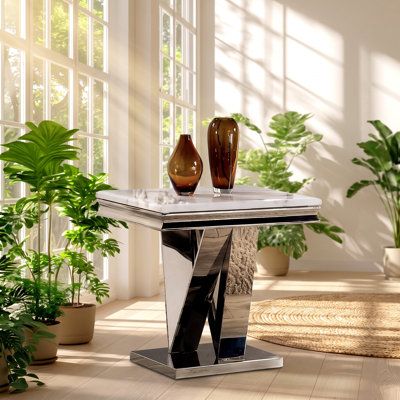 Table d'appoint Mobilya avec piédestal en V biseauté imitation marbre, 60 cm L x 60 cm P x 58 cm H
