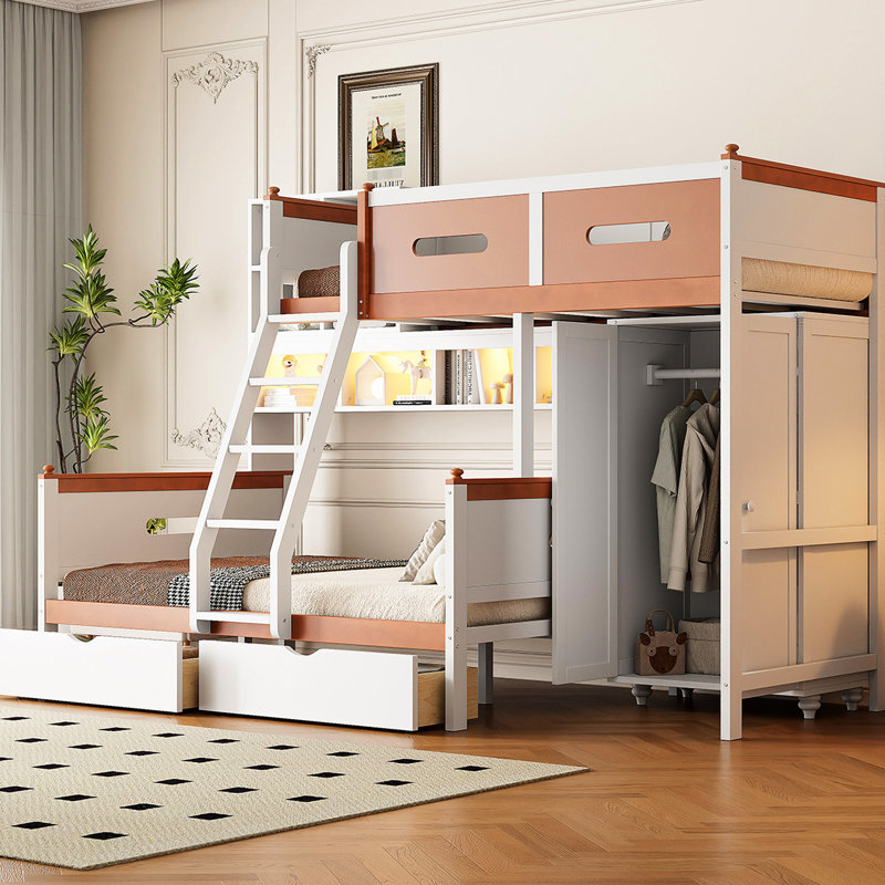 Lit superposé simple en bois sur lit double, tiroirs et rangement intégrés, orange blanc, mobilier de chambre à coucher pratique